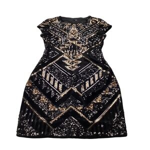 Express Womens Black Velvet Sequin Art Deco Mini Dress Gold Silver XS XS/TP